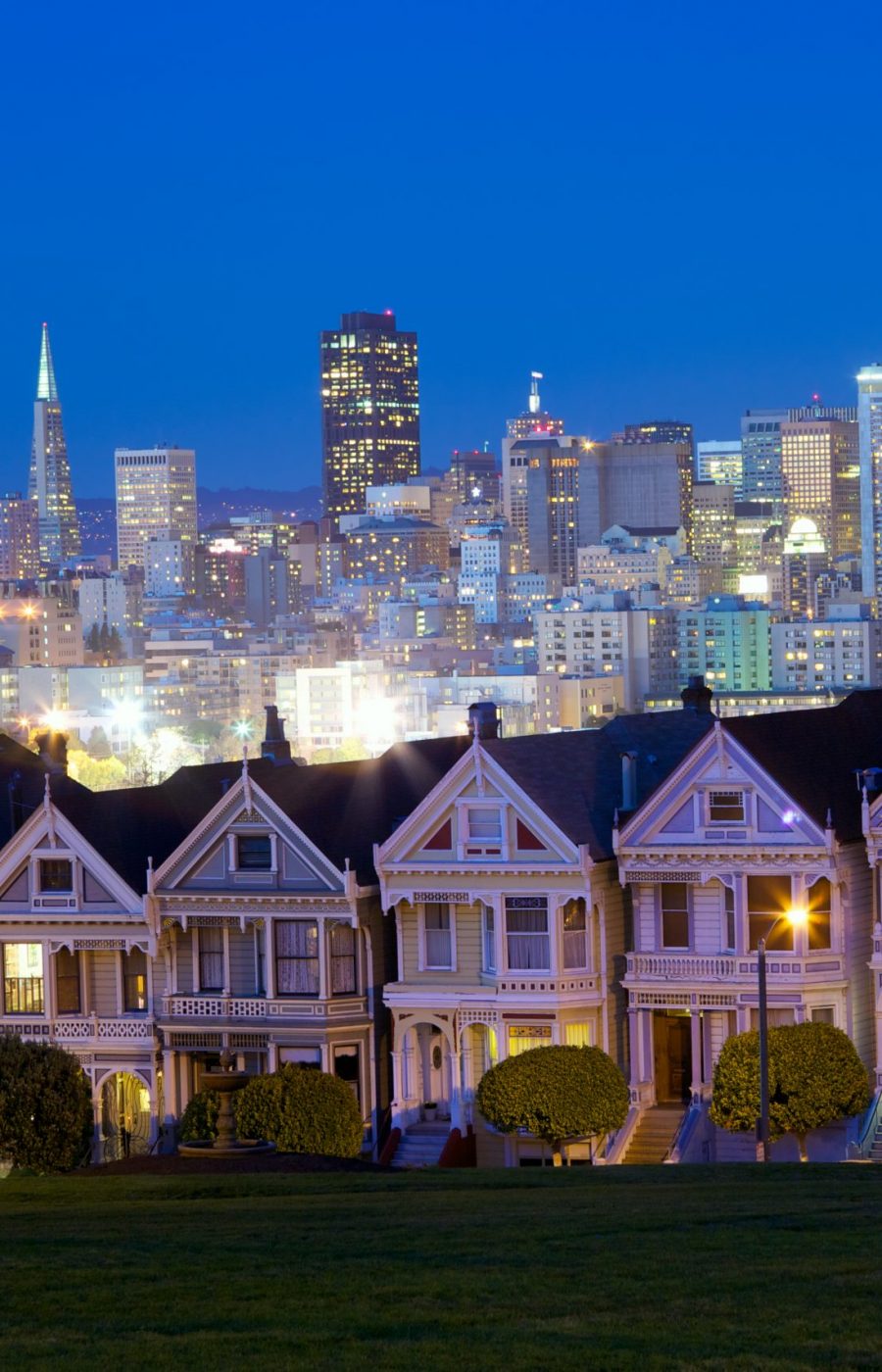 Alamo square and San Francisco skyline at dusk, California, USA